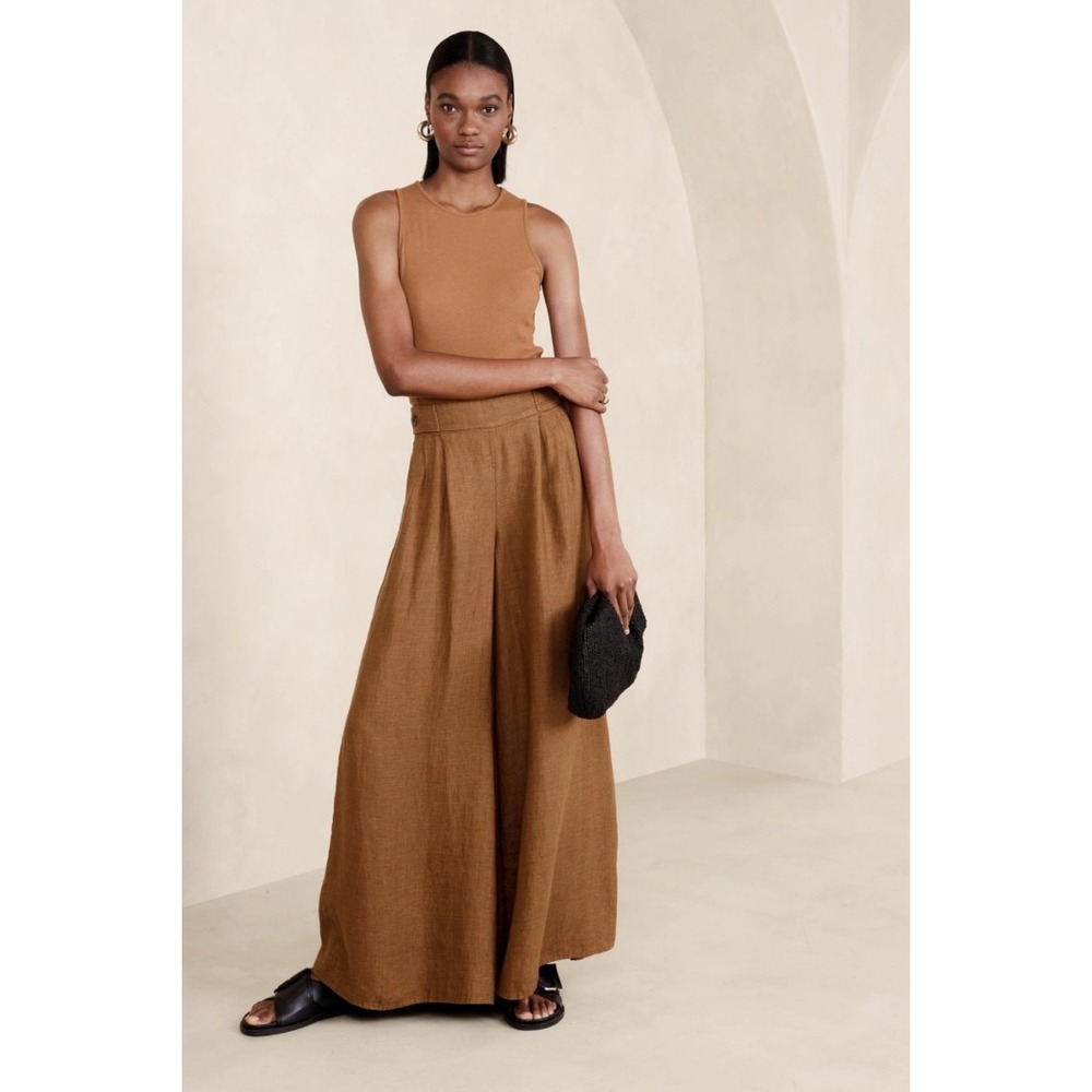 Banana Republic Womens 6L Tan Brown 100% Linen Wide Leg Pleated Trousers Pants